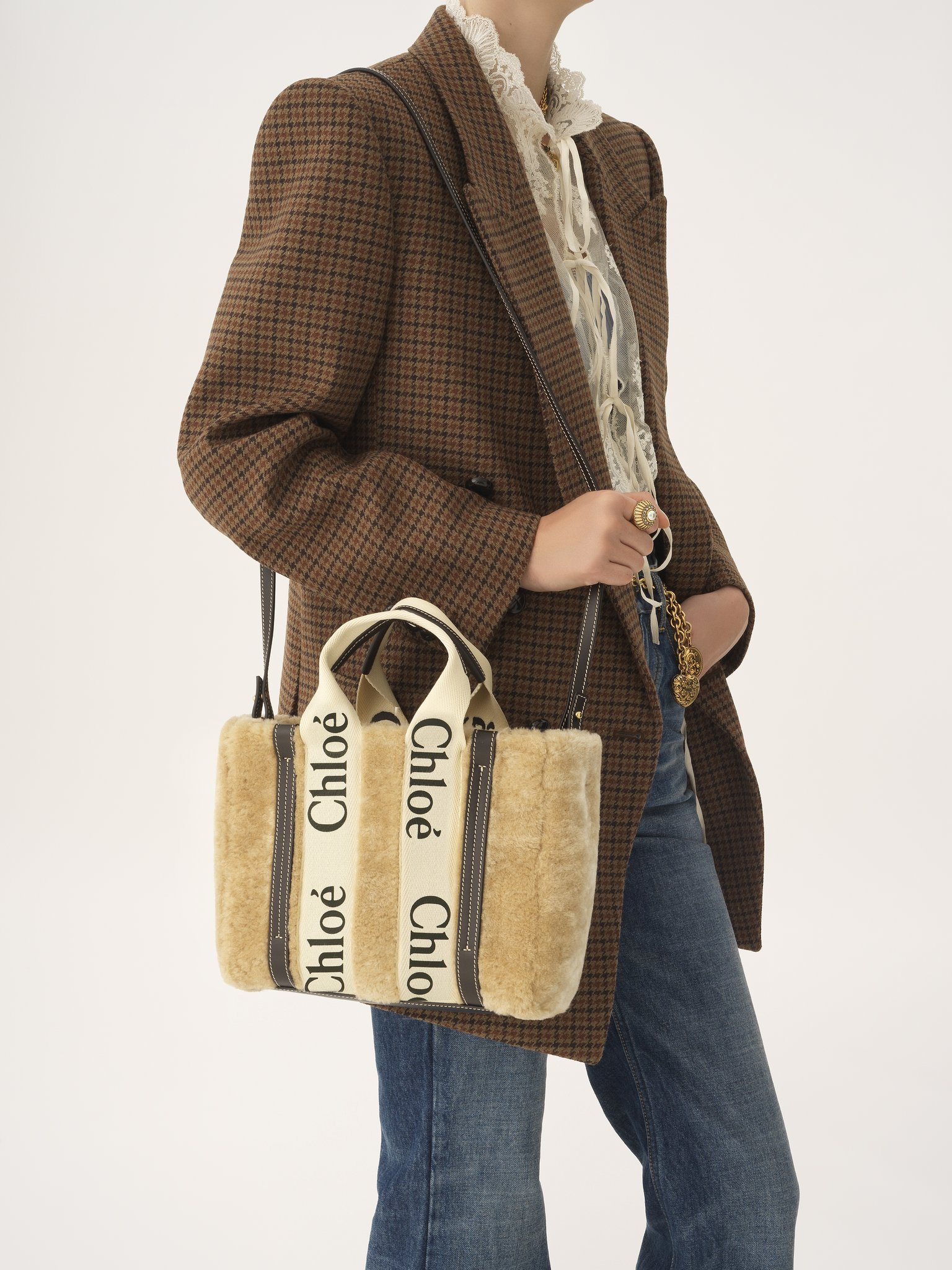 Chloé Small Woody Tote Bag In Shearling In Brown