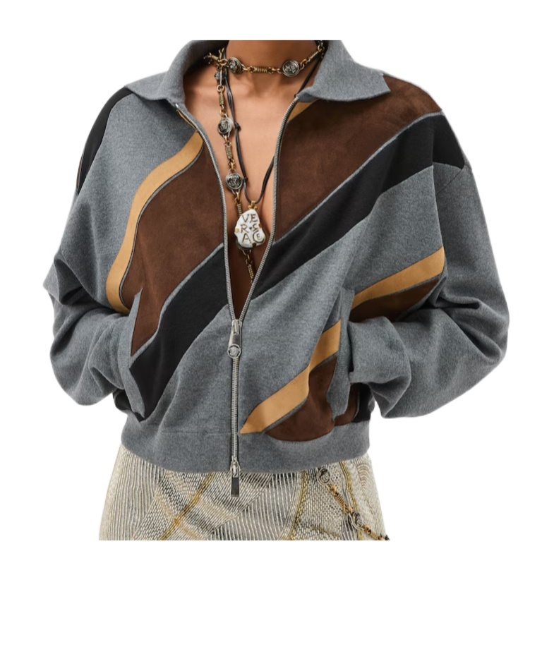 Versace Suede Patchwork Zip Jacket In Gray