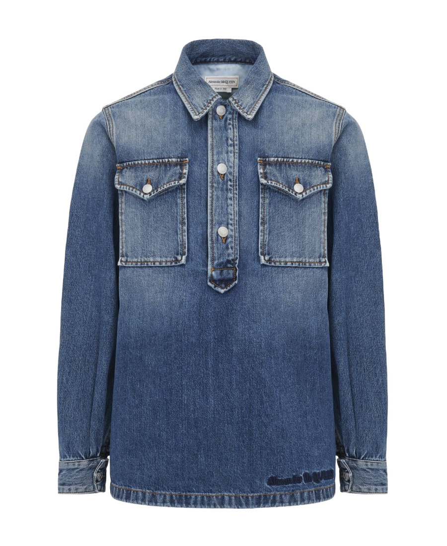 Shop Alexander Mcqueen Embroidered Logo Denim Shirt In Blue