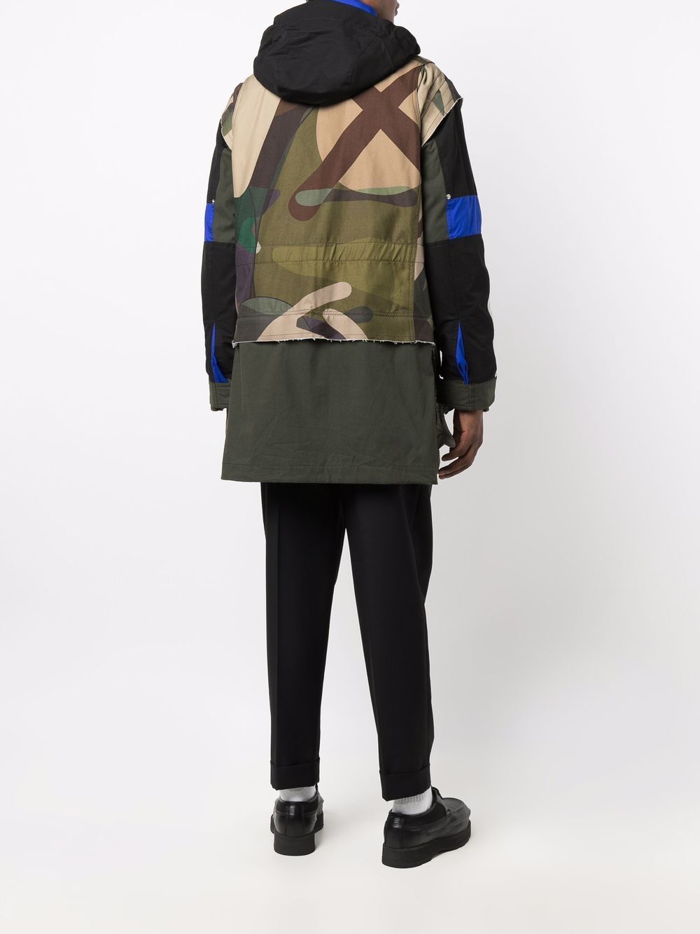Sacai Abstract-print Colour-block Parka In Black