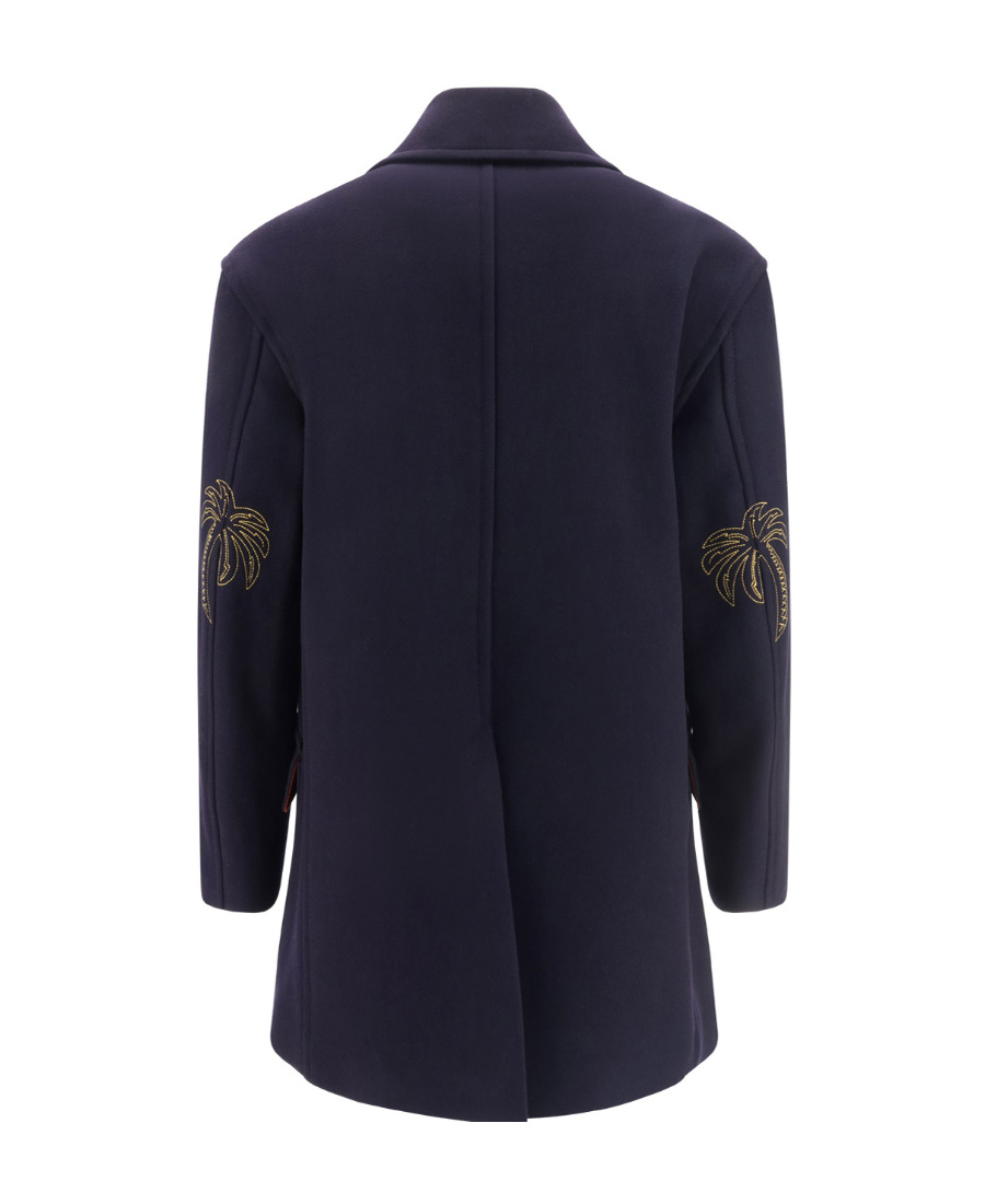 Palm Angels Embroidered Sleeve Double-breasted Coat With Gold Buttons In Black