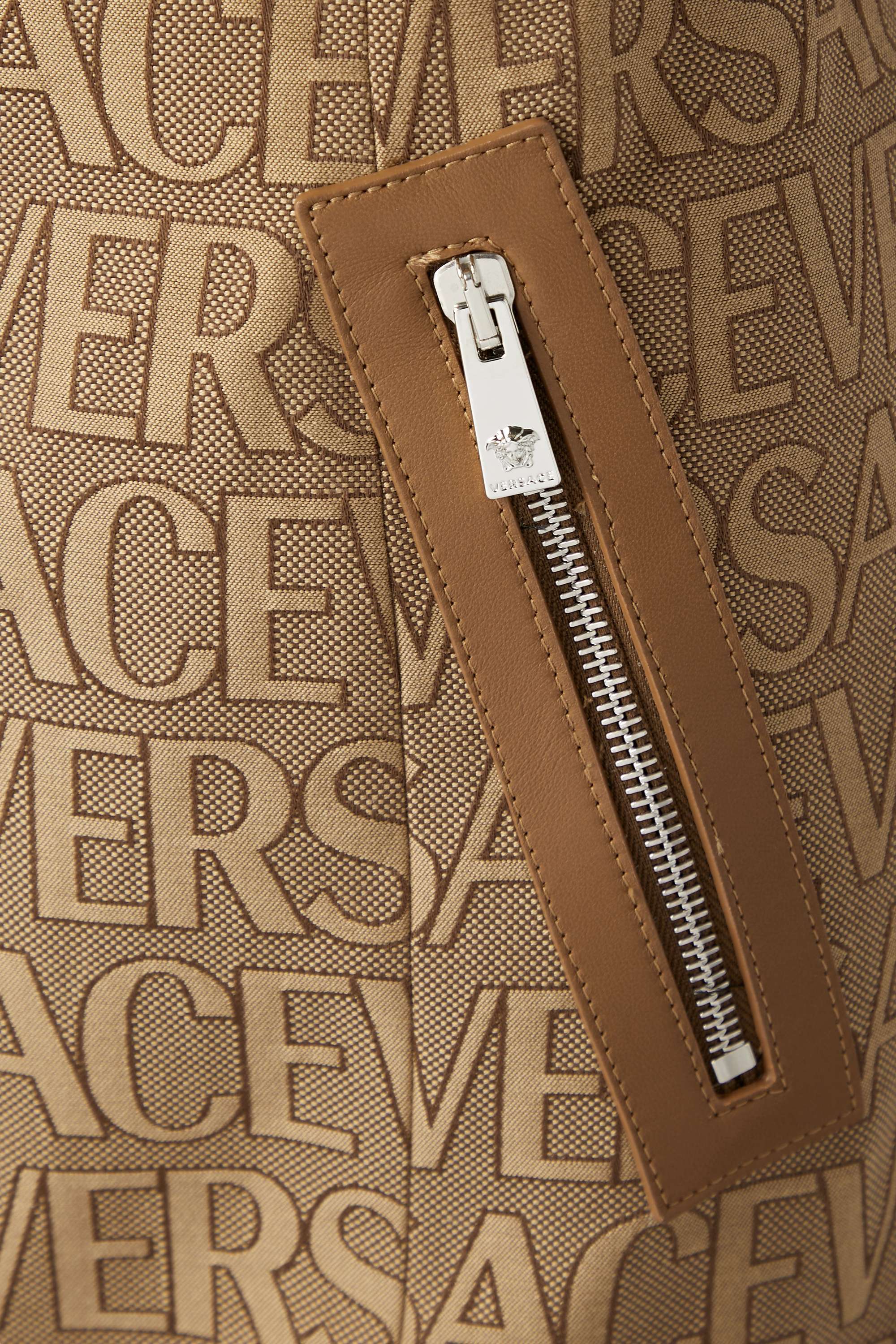 Versace Embellished Leather-trimmed Cutout Canvas-jacquard Mini Dress In Brown