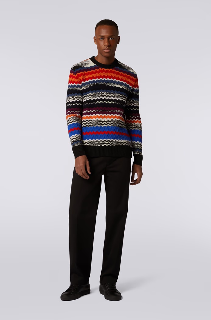 Missoni Crew-neck Sweater With Multicolor Herringbone Motif In Black