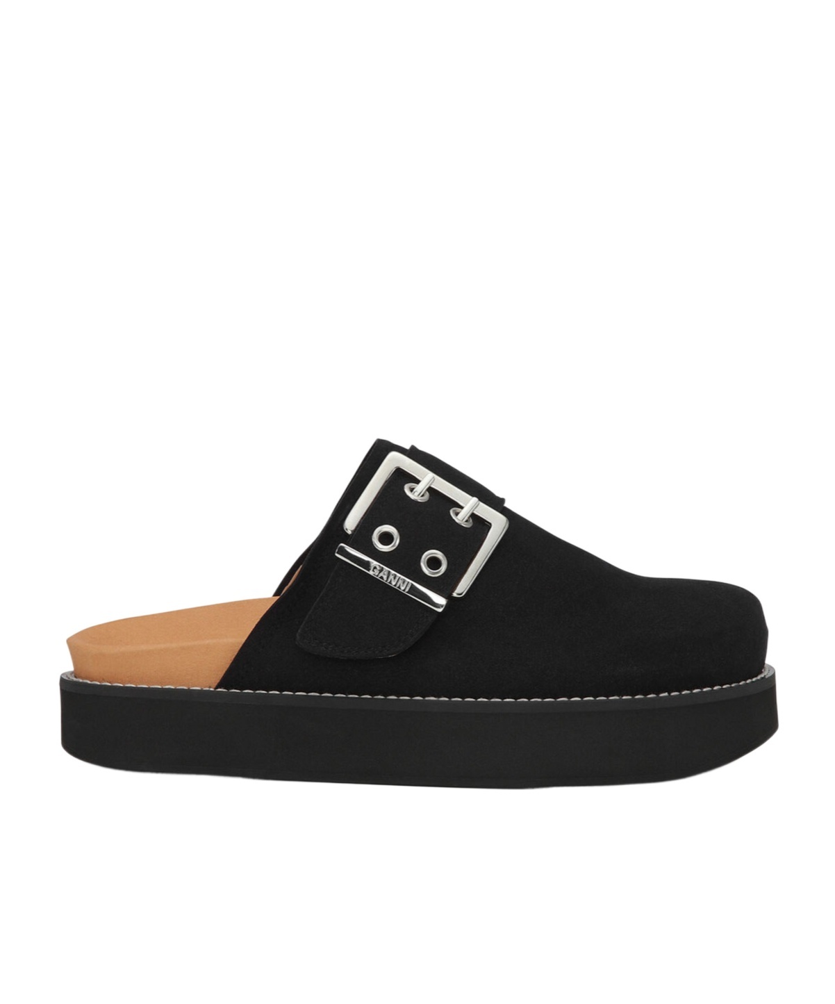 Shop Ganni Black Suede Feminine Buckle Mules