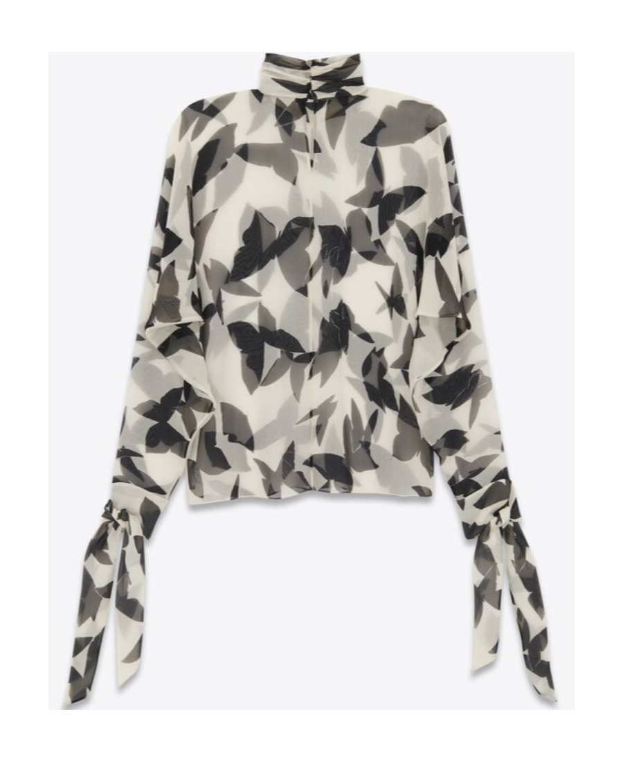 Saint Laurent Butterfly Print Silk Blouse With Tie Cuffs In Nude