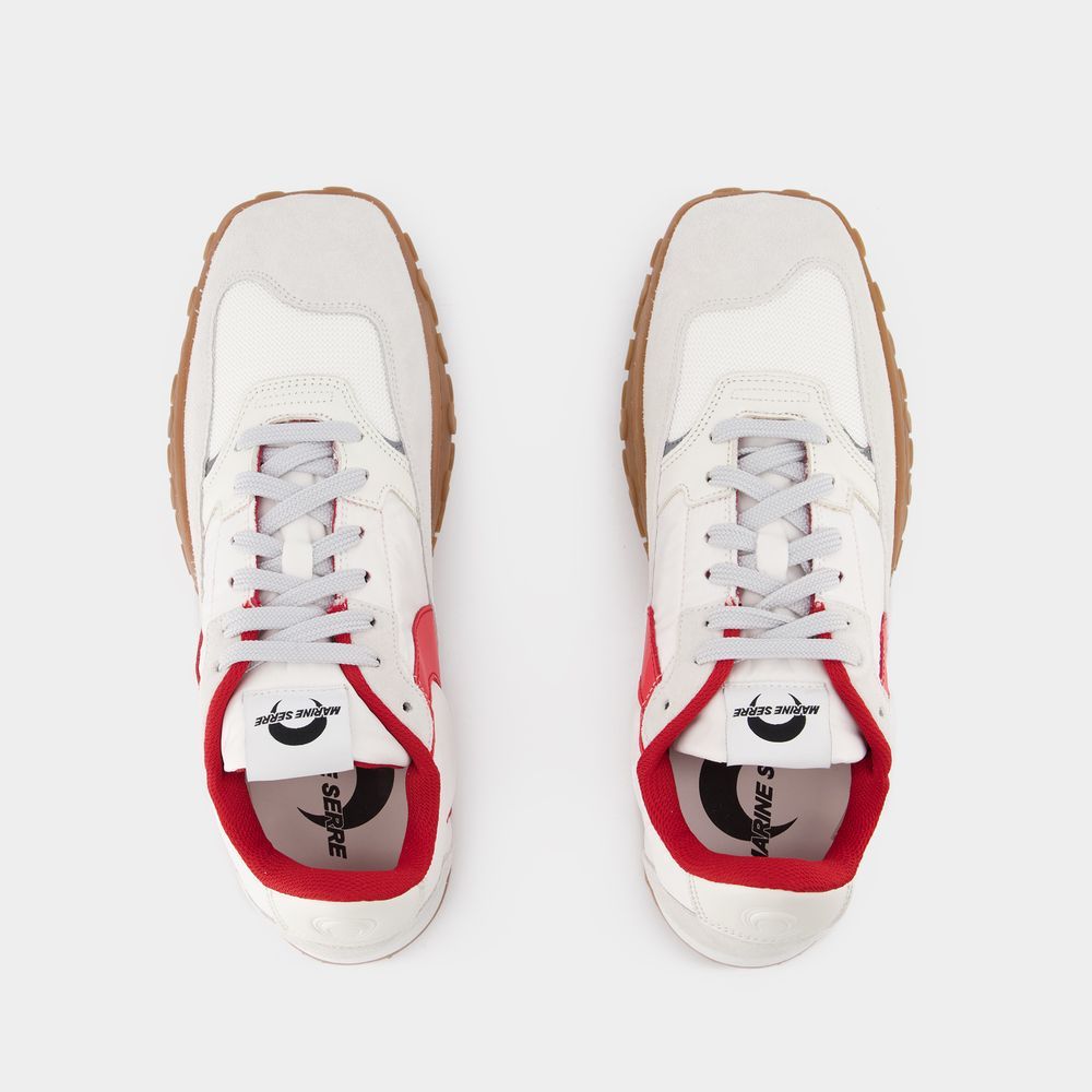 Marine Serre White Recycled Nylon And Leather Sneakers With Crescent Moon Motif In White