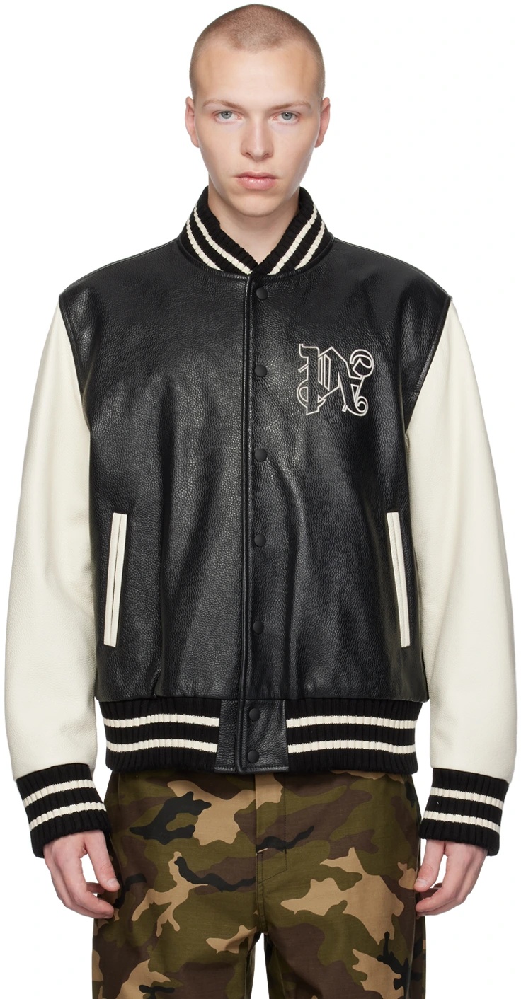 Palm Angels Monogram-print Leather Varsity Jacket In Black