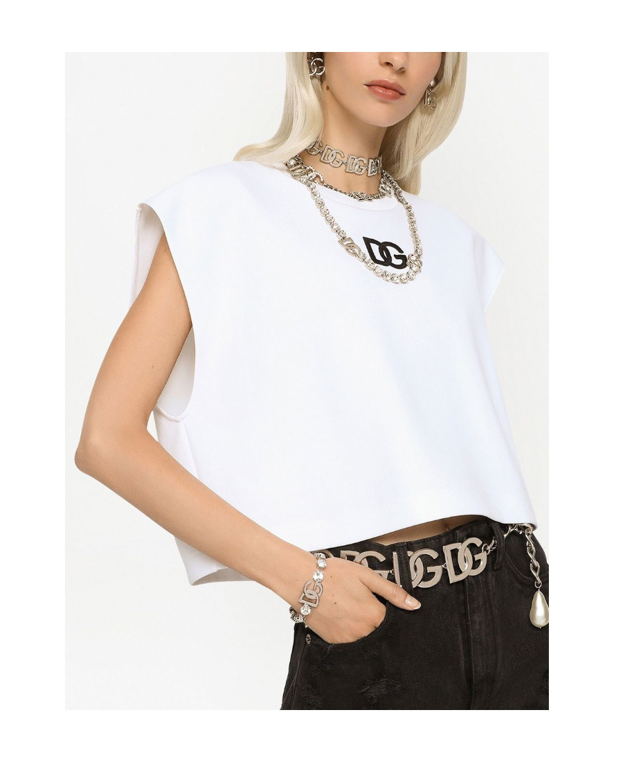 Dolce & Gabbana Interlock Jersey Top With Dg Logo Patch In White