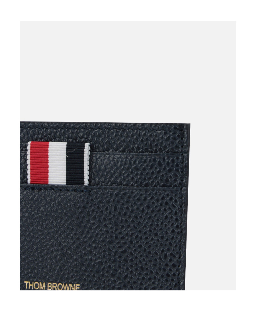 Shop Thom Browne Single Card Holder W/ 4 Bar Applique Stripe In Pebble Grain Leather In Black