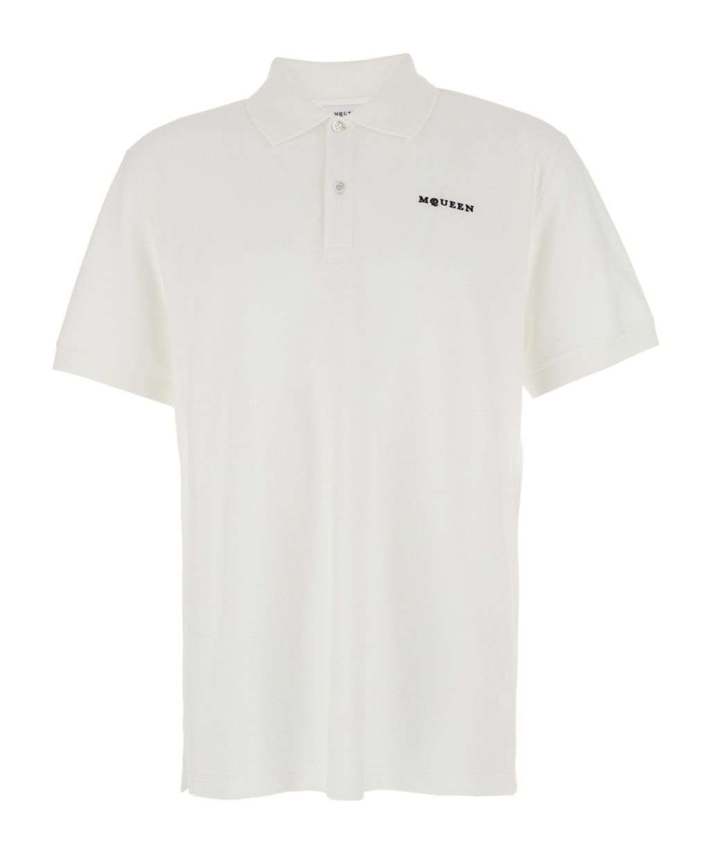 Alexander Mcqueen White Polo Shirt With Classic Collar And Logo Lettering Embroidery On The Front In Cotton Man In White