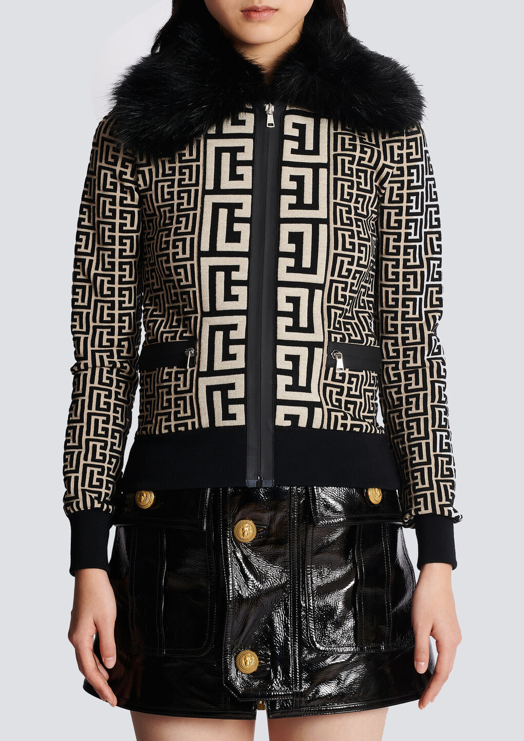 Balmain Monogrammed Knit Jacket With Faux Fur In Black