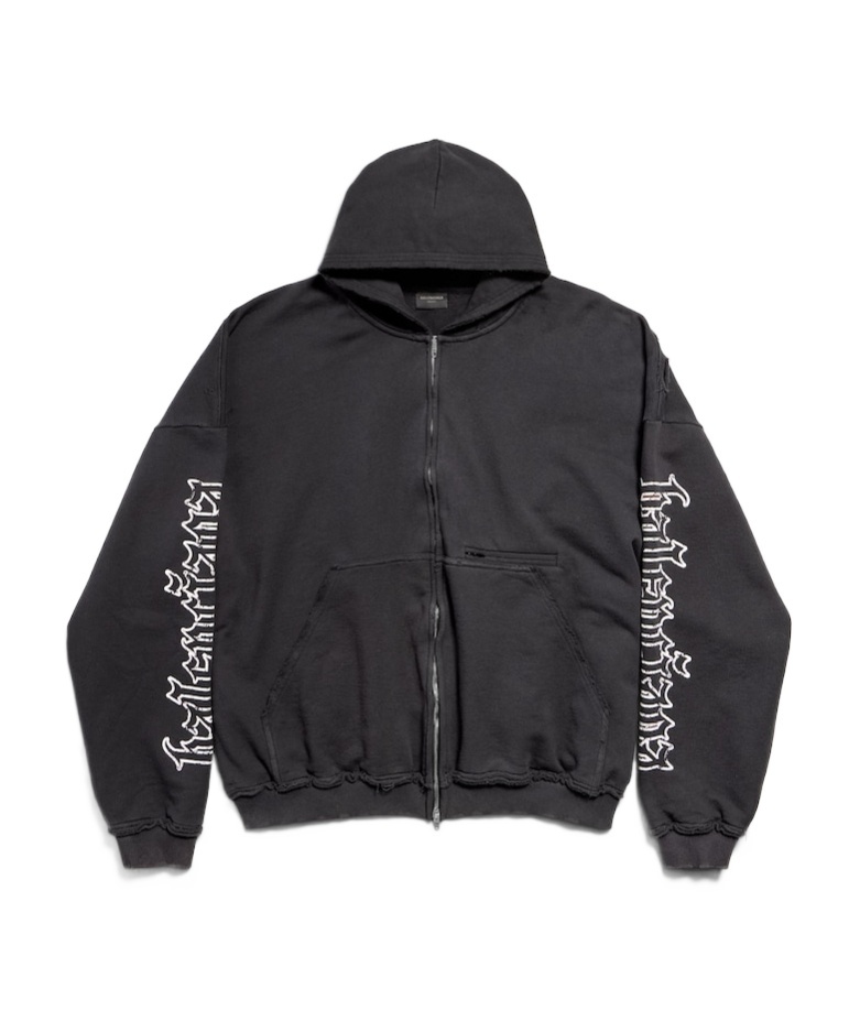 Balenciaga Blackletter Script Pulled Zip-up Hoodie Large Fit In Black Faded In Black