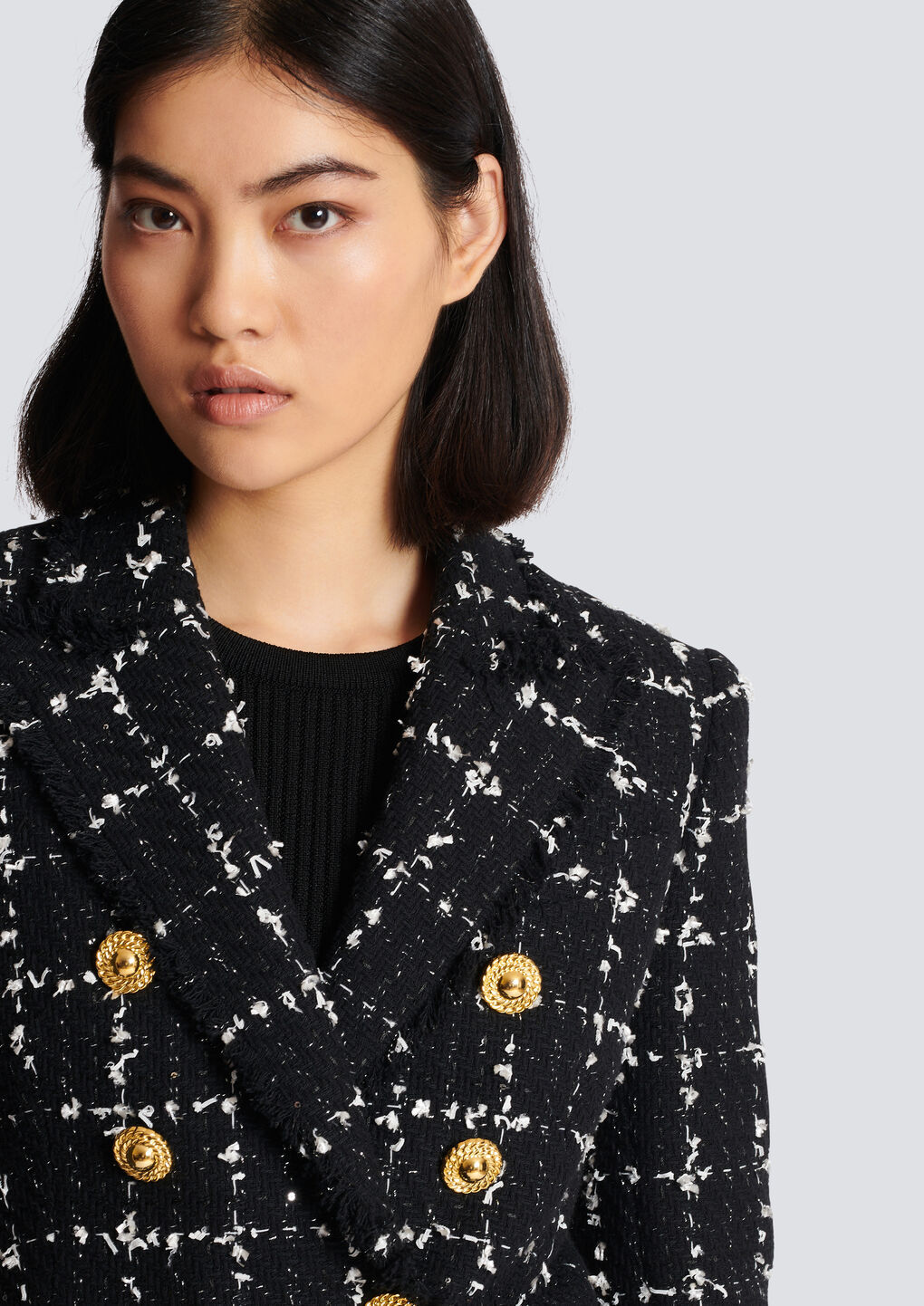 Balmain Grid Tweed Double-breasted Blazer In Black
