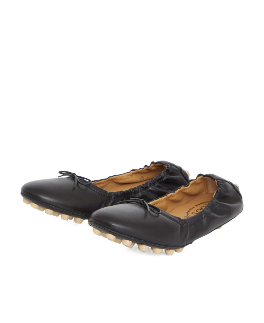 Tod's Black Leather Ballet Flats With Gathered Elasticized Trim In Black