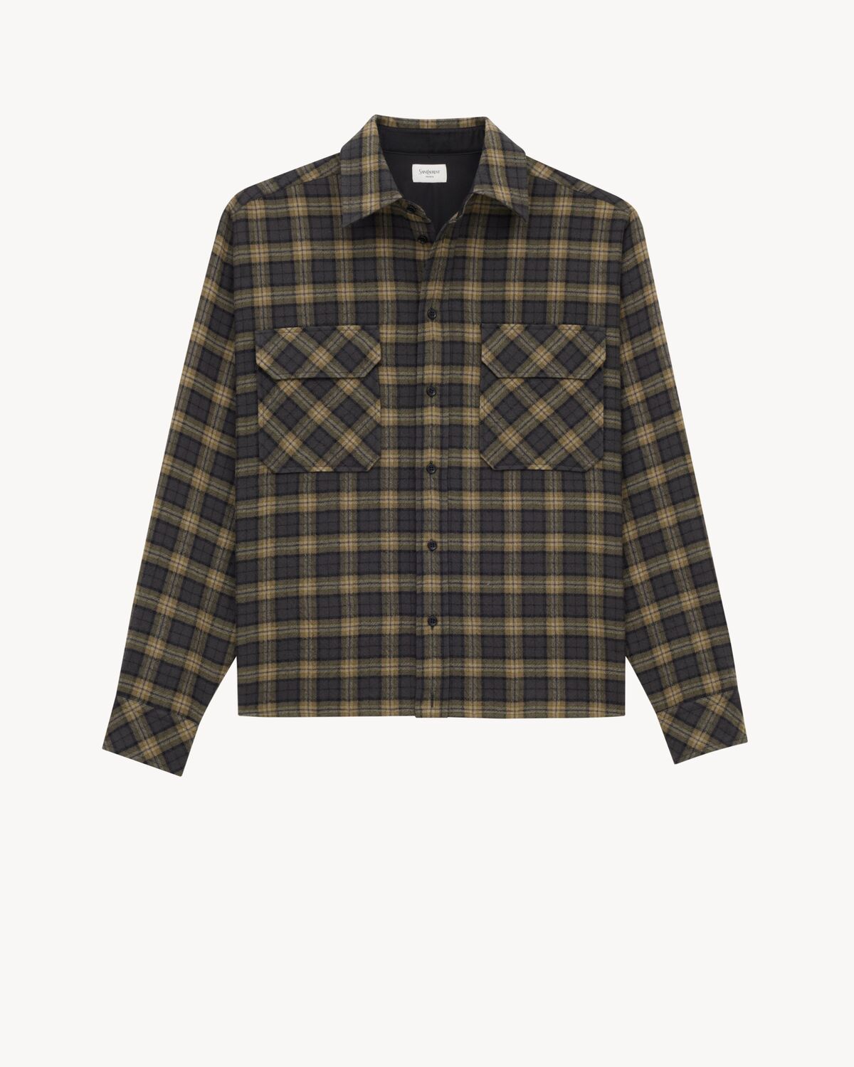 Saint Laurent Embroidered Overshirt In Wool Check In Gray