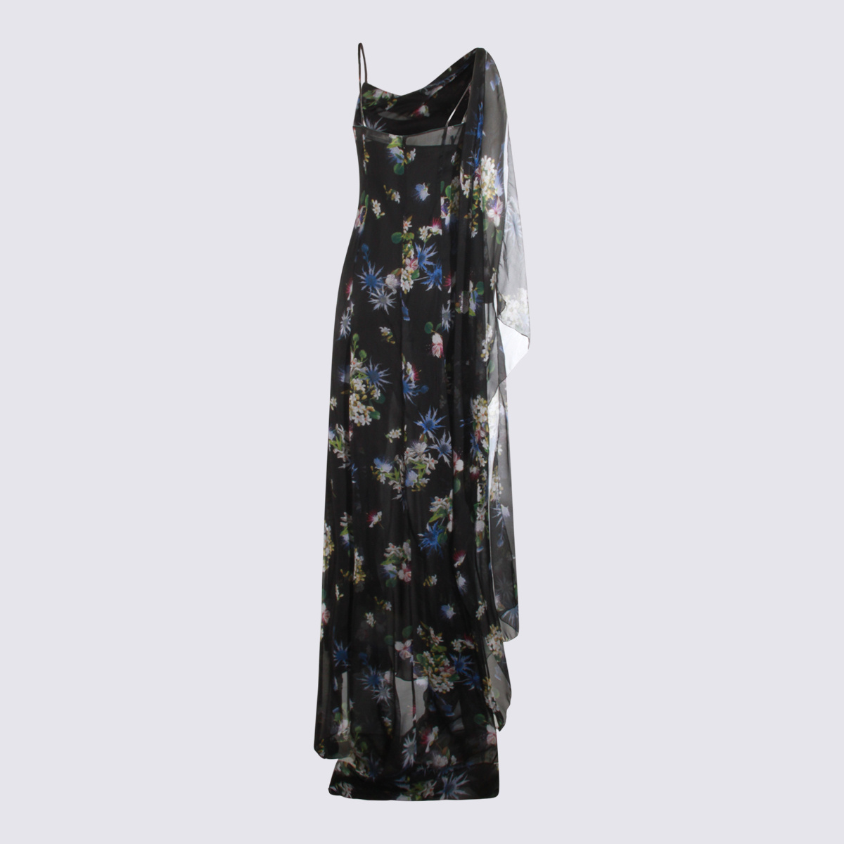 Blumarine Floral Asymmetric Sheer Spaghetti Strap Dress In Black