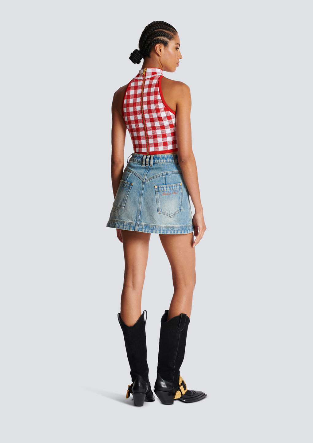 Balmain Cropped Button-embellished Gingham Knitted Top In Red
