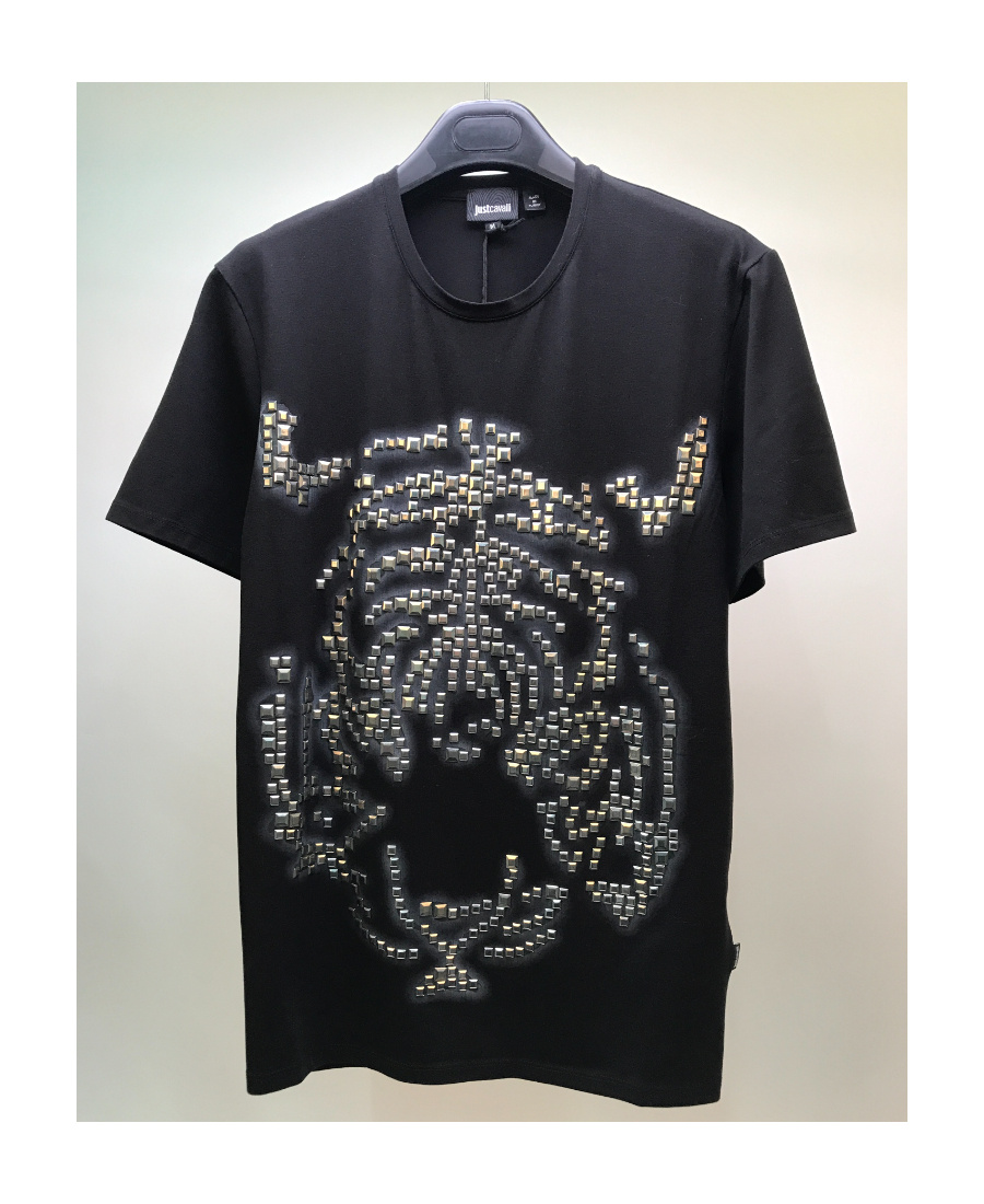 Just Cavalli Water Drill Round Collar T-shirt In Black