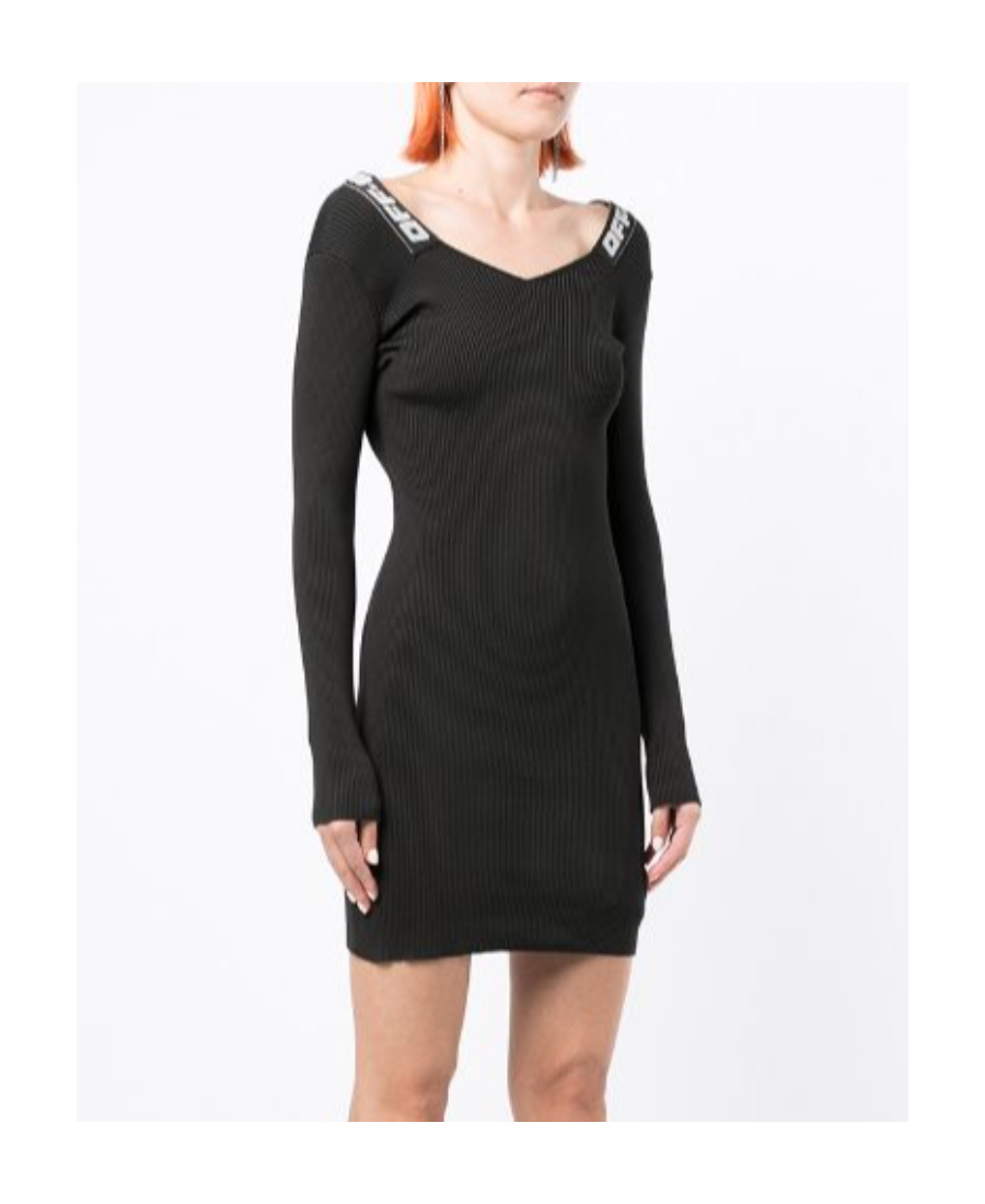 Off-white Ribbed Dress With Iconic Detail In Black