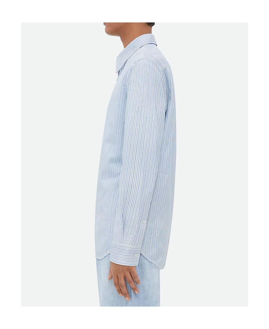 Bottega Veneta Striped Leather Shirt Cuffed Sleeves In Light Blue/white