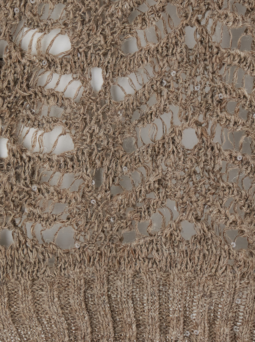 Brunello Cucinelli Dazzling Brown Round Neck Sweater With Open Stitch And Beaded Decorations In Linen Blend Woman In Brown