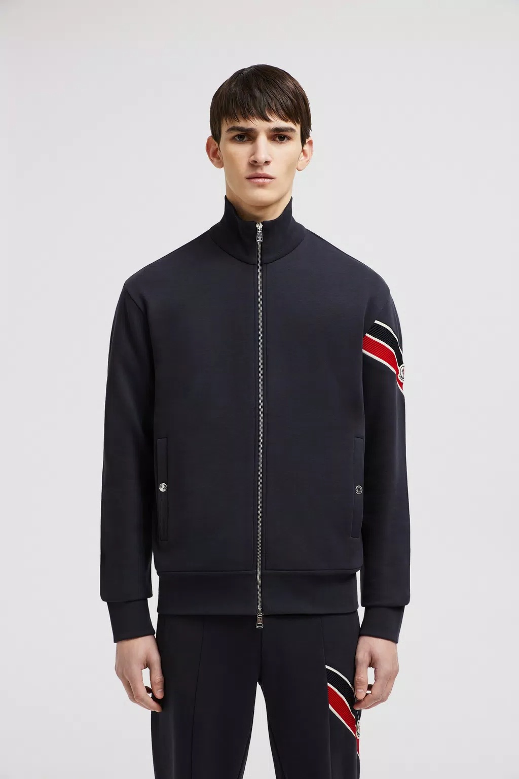 Moncler Stripe-detail Zipped Cardigan In Blue