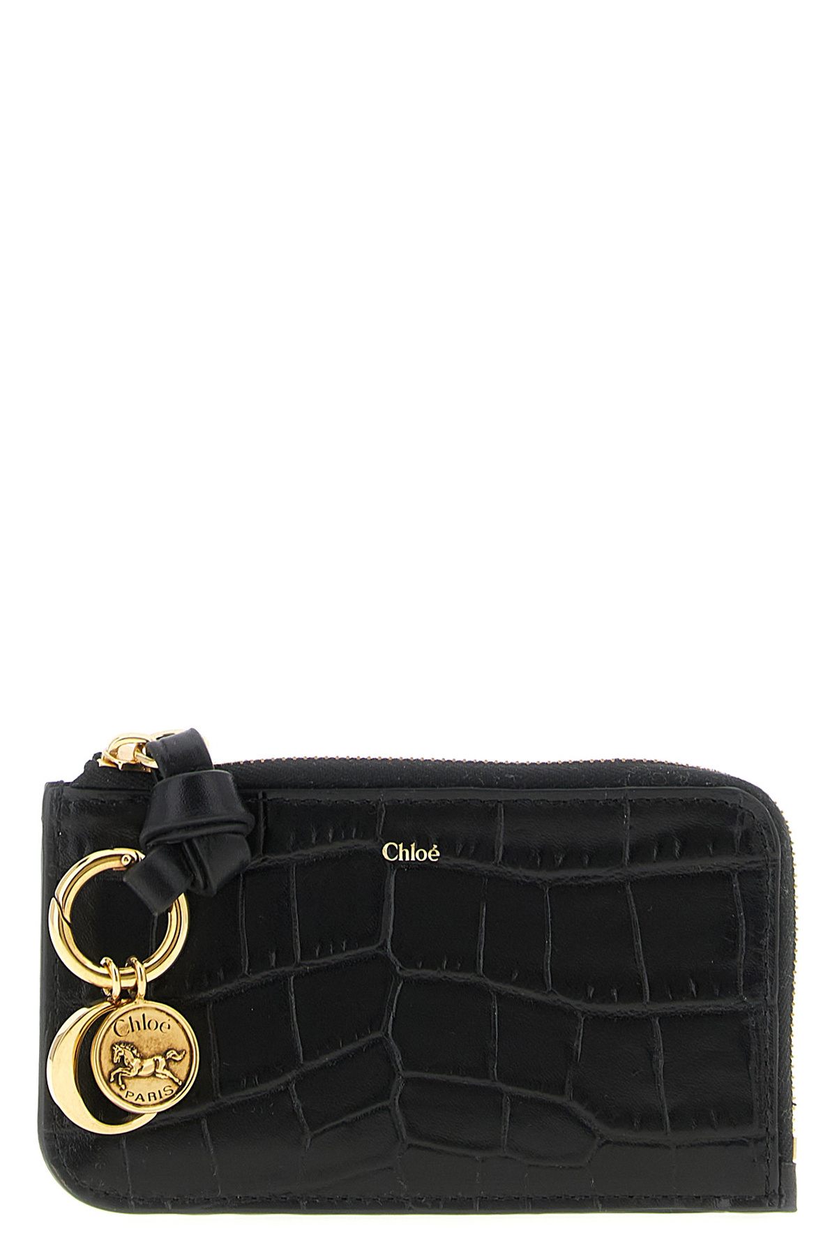Chloé Crocodile Texture Card Holder With Gold Hardware In Black