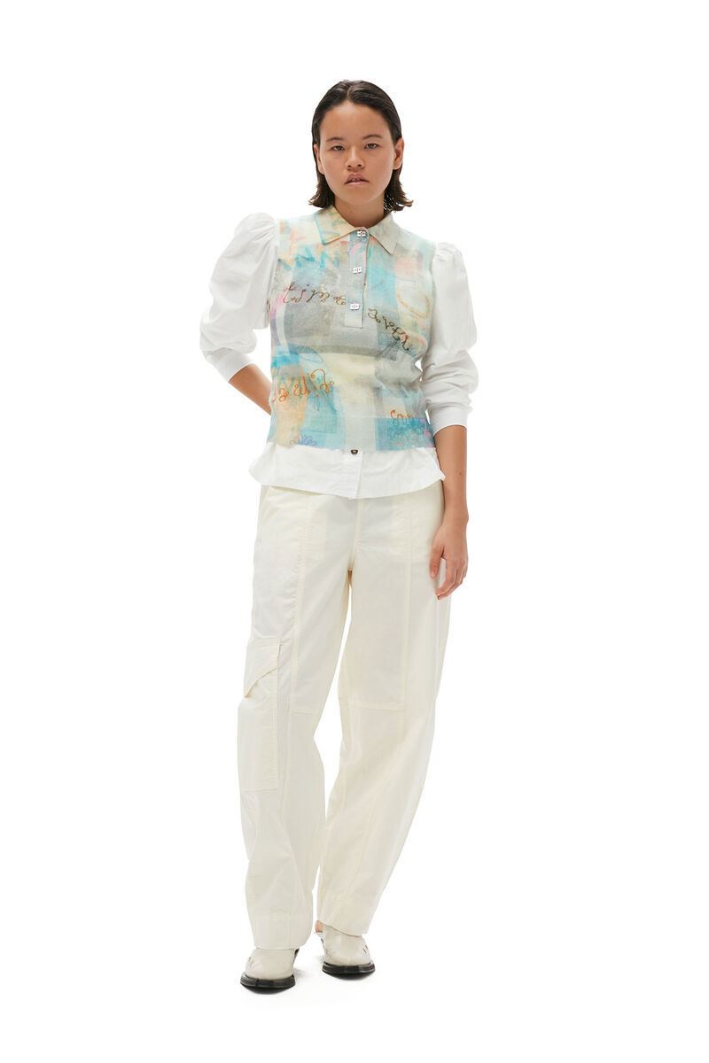 Ganni Elasticated-waist Tapered Trousers In White