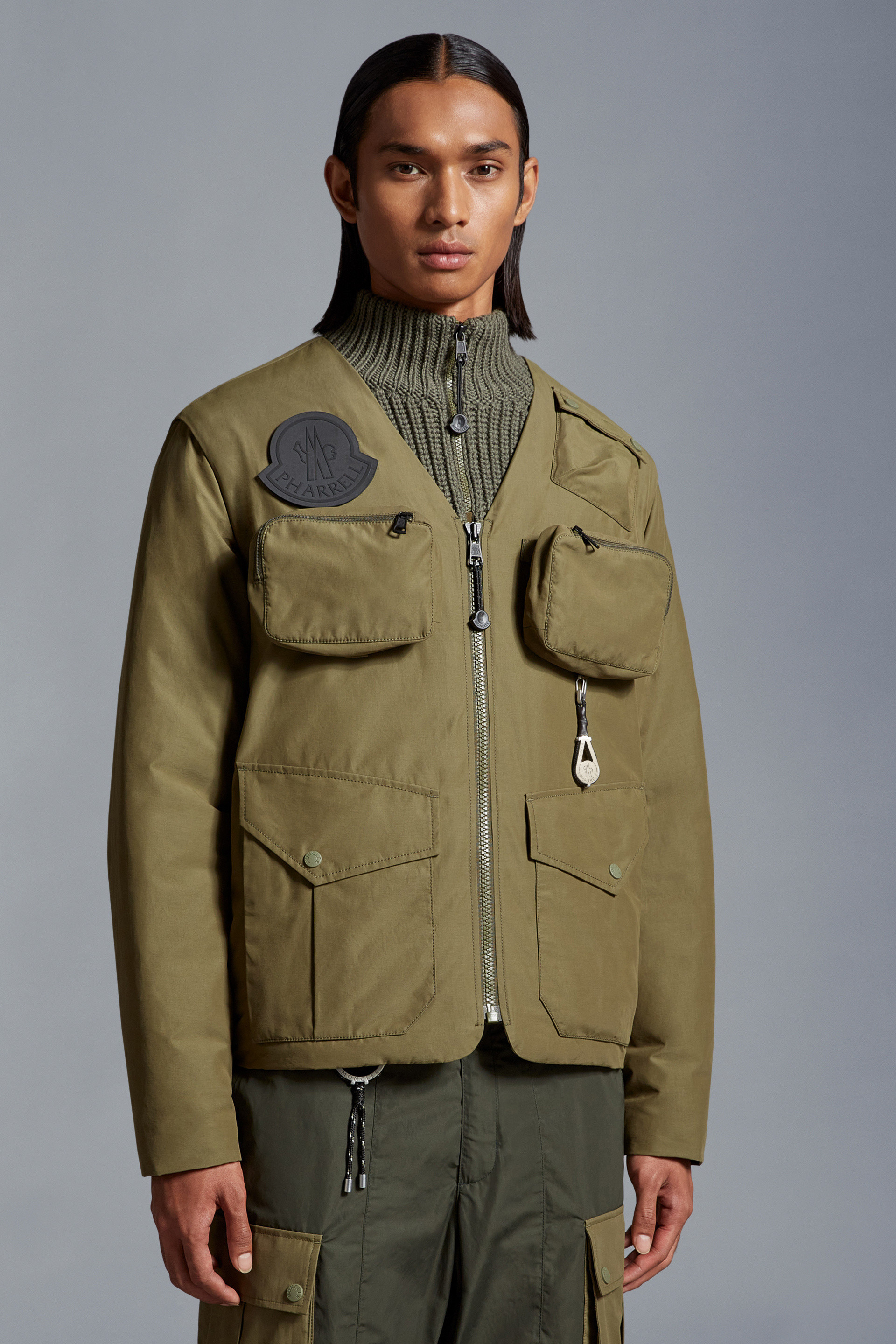 Moncler X Pharrell Williams Zipper Long-sleeved Down Jacket In Green