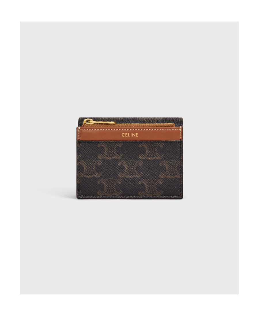 Celine Triomphe Small Wallet In Brown Canvas With Leather Trims For Women In Brown