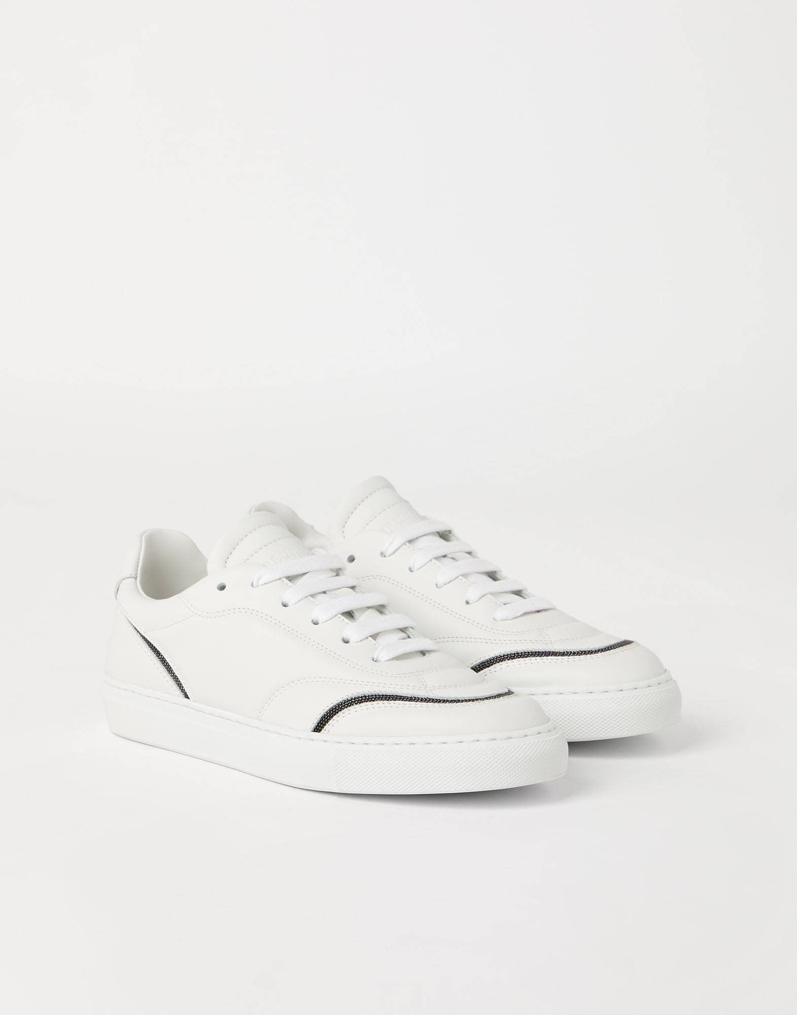 Brunello Cucinelli Women Leather Sneakers With Shiny Details In White