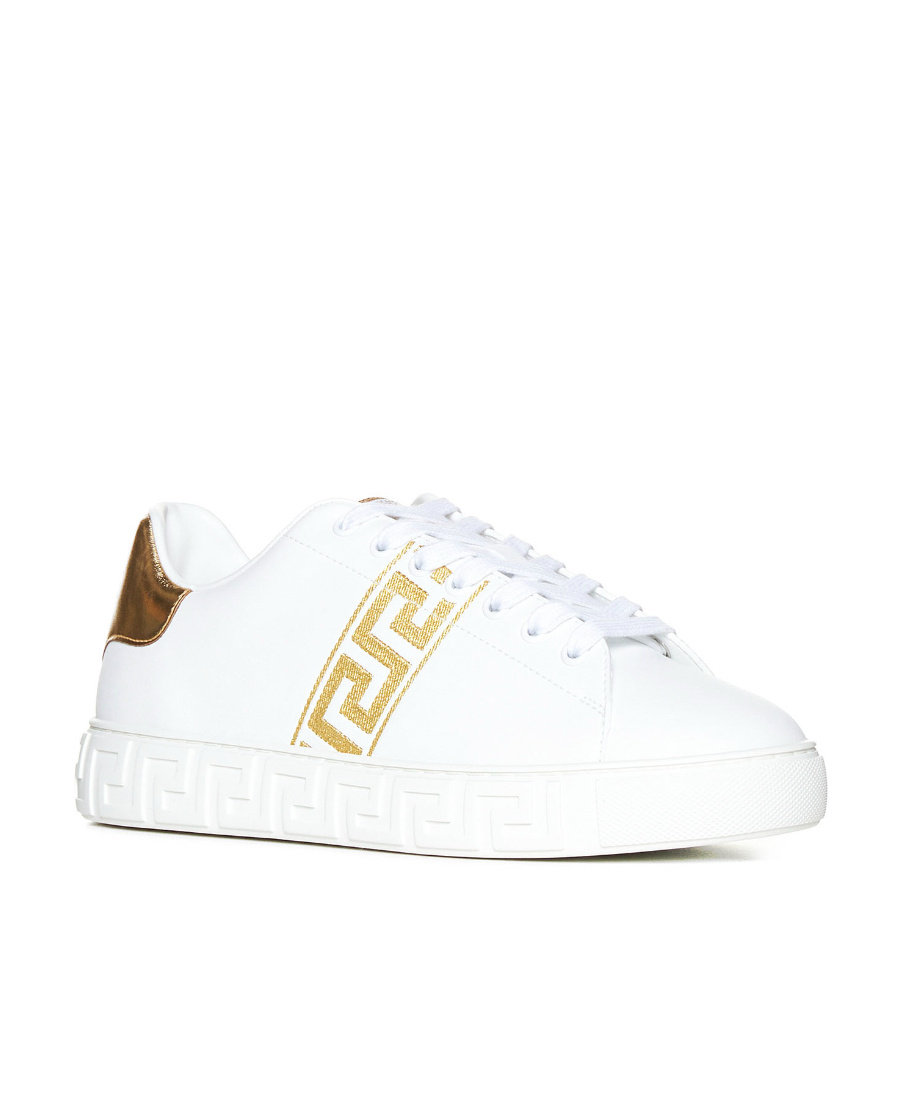 Versace Leather Sneakers Greca Embroidered Detail Gold Accents In White