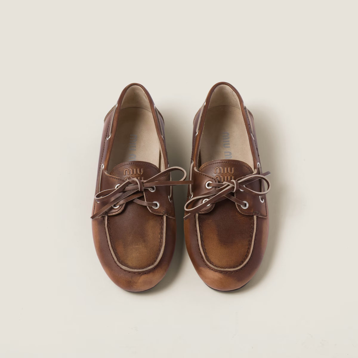 Miu Miu Burnt Brown Moccasin In Vintage Effect Leather In Multi