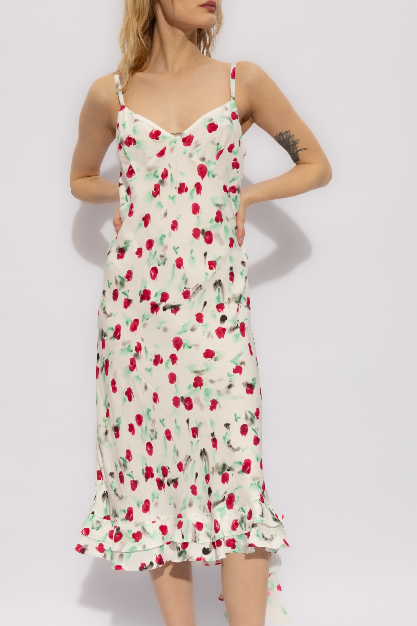 Marni Watercolor Floral Ruffle Tiered Midi Dress In White