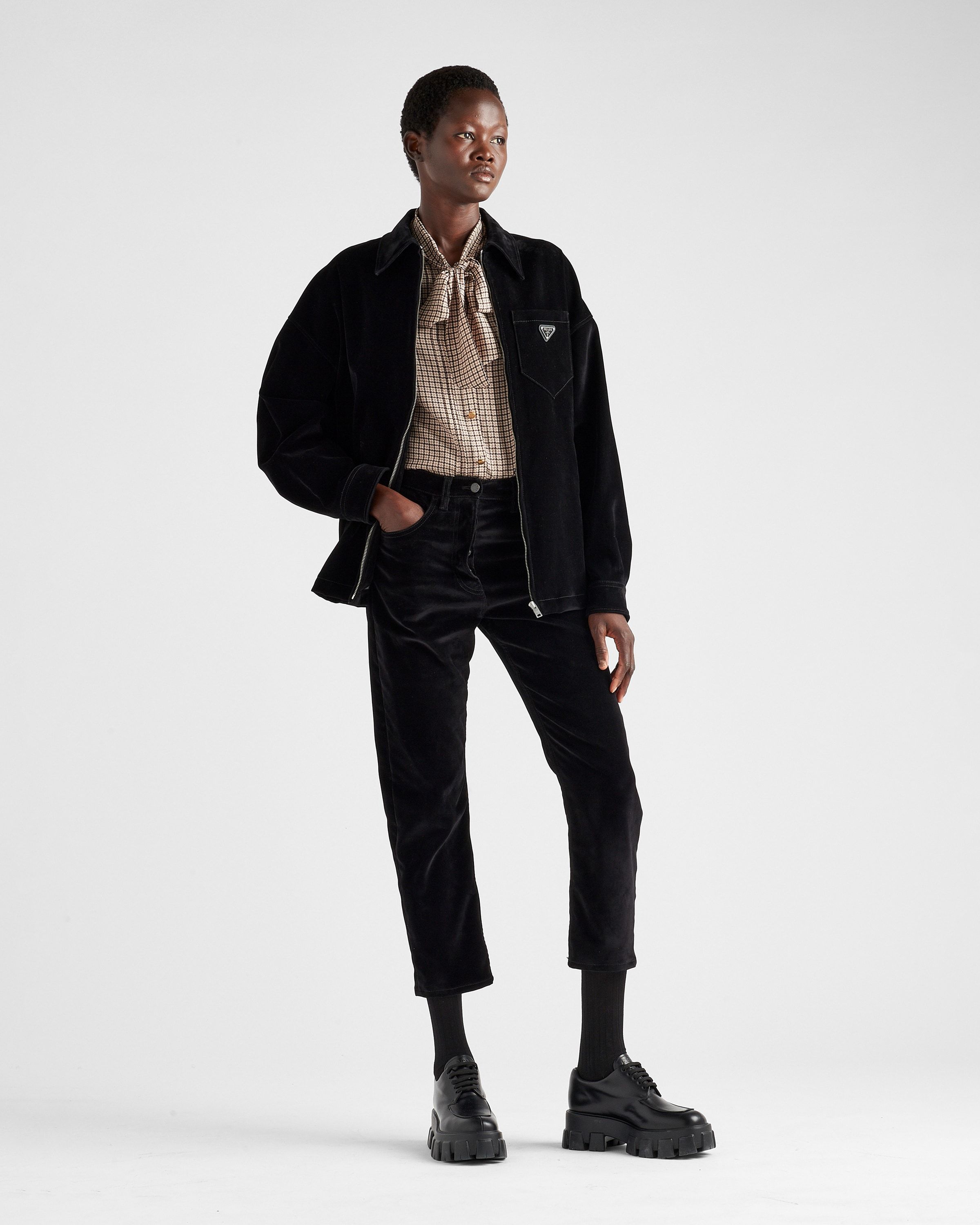 Prada Velvet Denim Blouson Jacket In Black