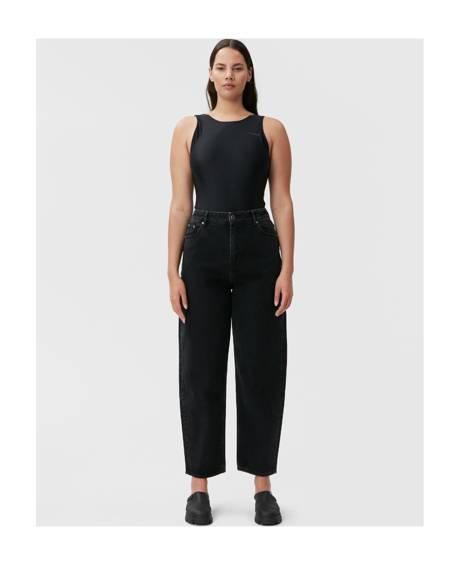 Ganni Black Pants With High Waist And Logo Patch On The Rear In Cotton Woman In Black