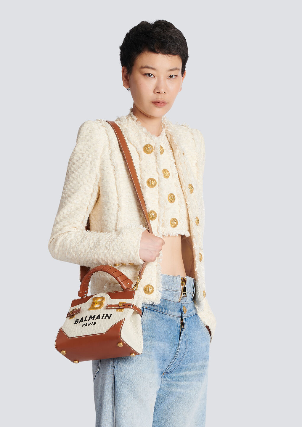 Shop Balmain B-buzz 22 Canvas Top Handle Bag With Leather Insert In Multicolor