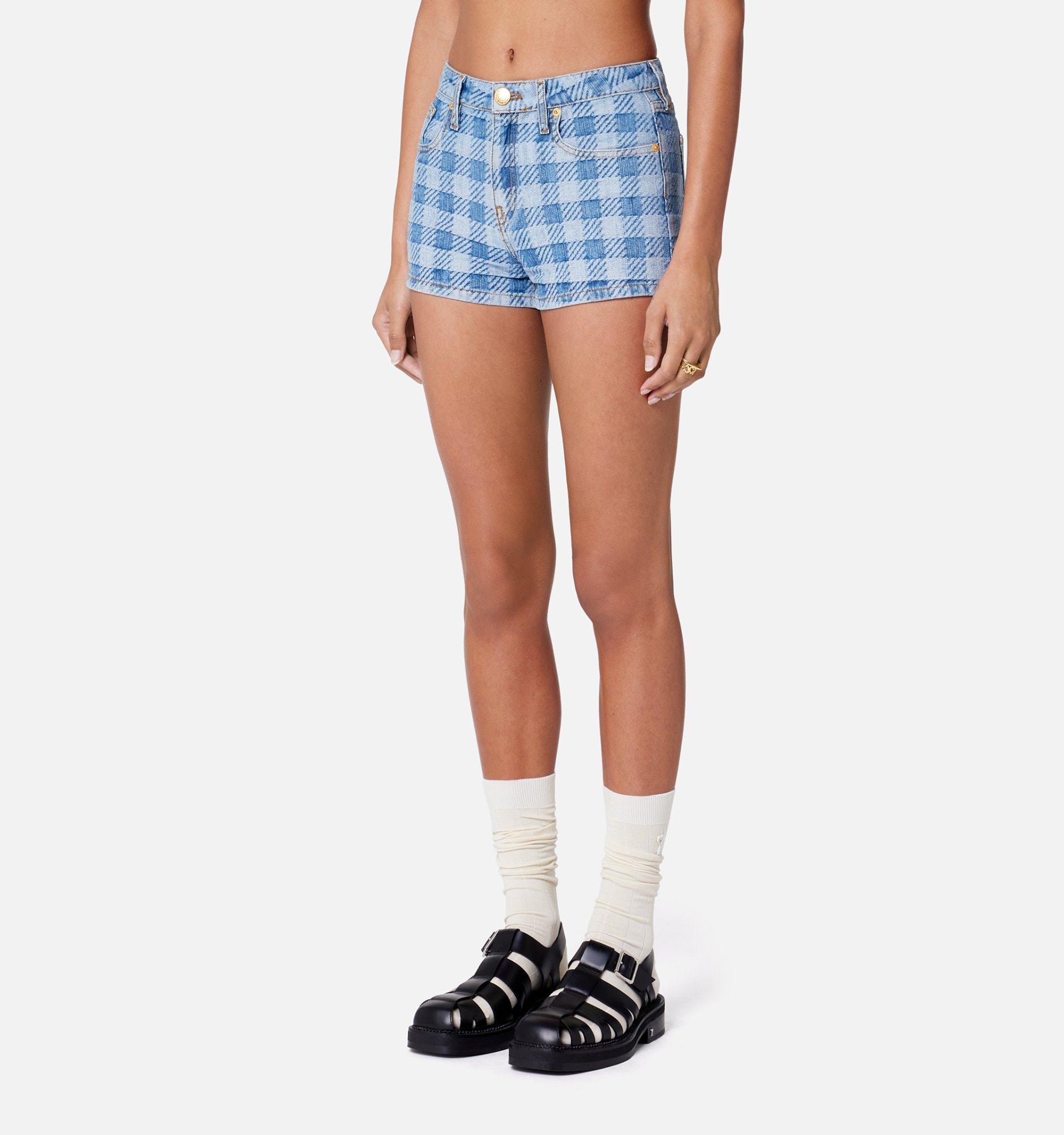 Ami Alexandre Mattiussi Mini Checkered Denim Shorts In Blue