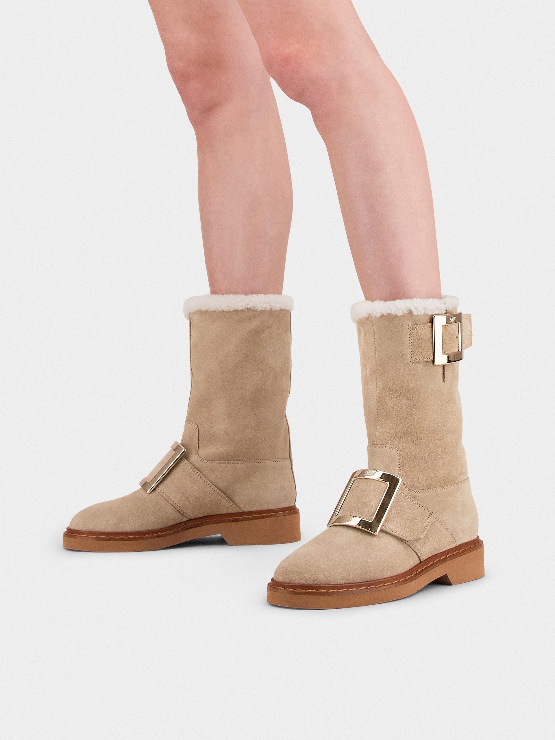 Roger Vivier Calf Suede Buckle Boots In Nude