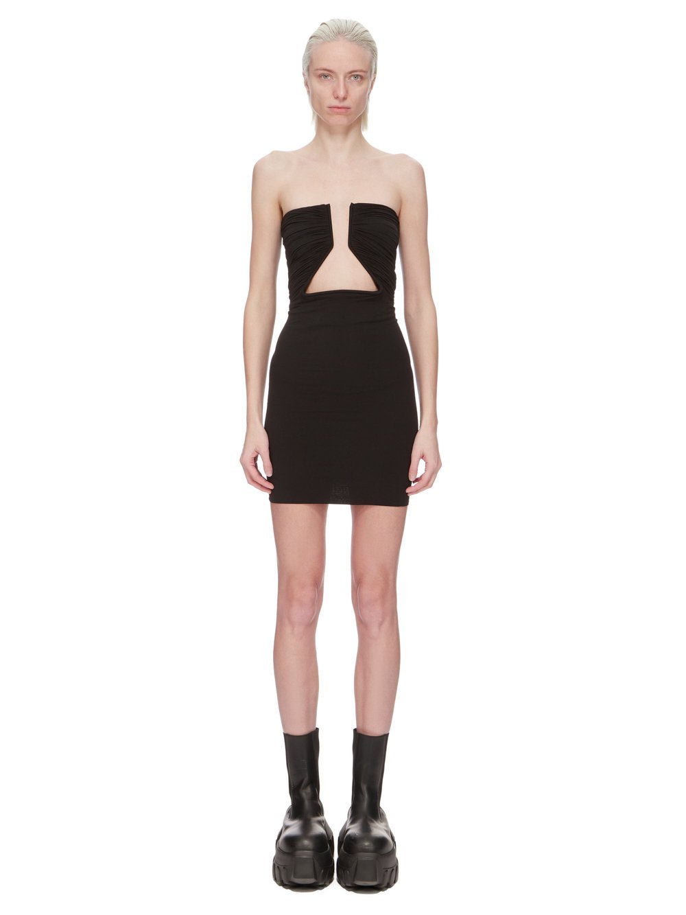 Rick Owens Prong Cutout Coated Denim Bustier Dress In Black