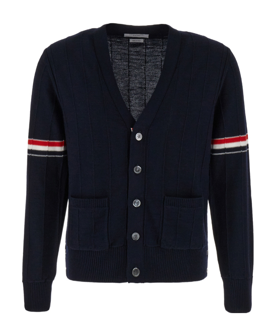 Thom Browne Tricolour Stripe Detail V-neck Cotton Cardigan In Blue