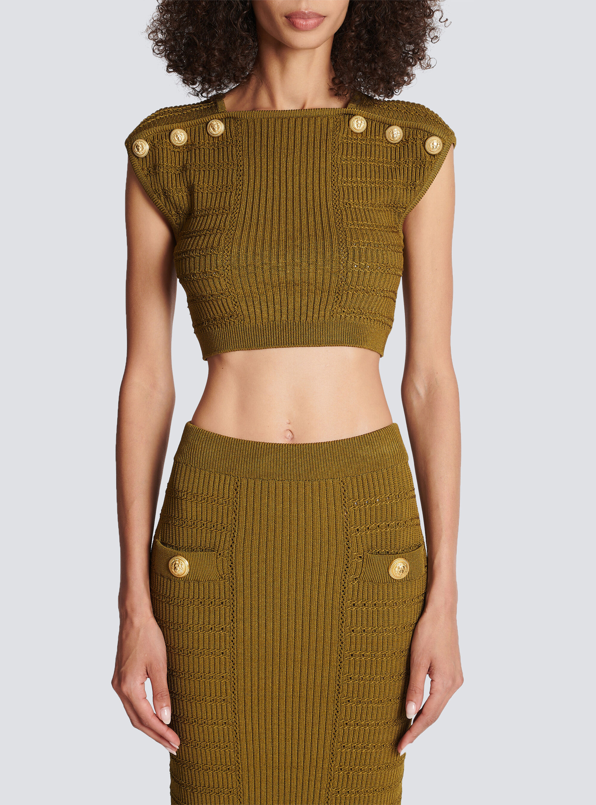 Balmain Knitted Button-detail Cropped Top In Green