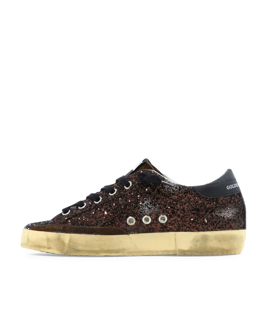 Shop Golden Goose Super-star In Brown Glitter With Black Leather Star And Heel Tab