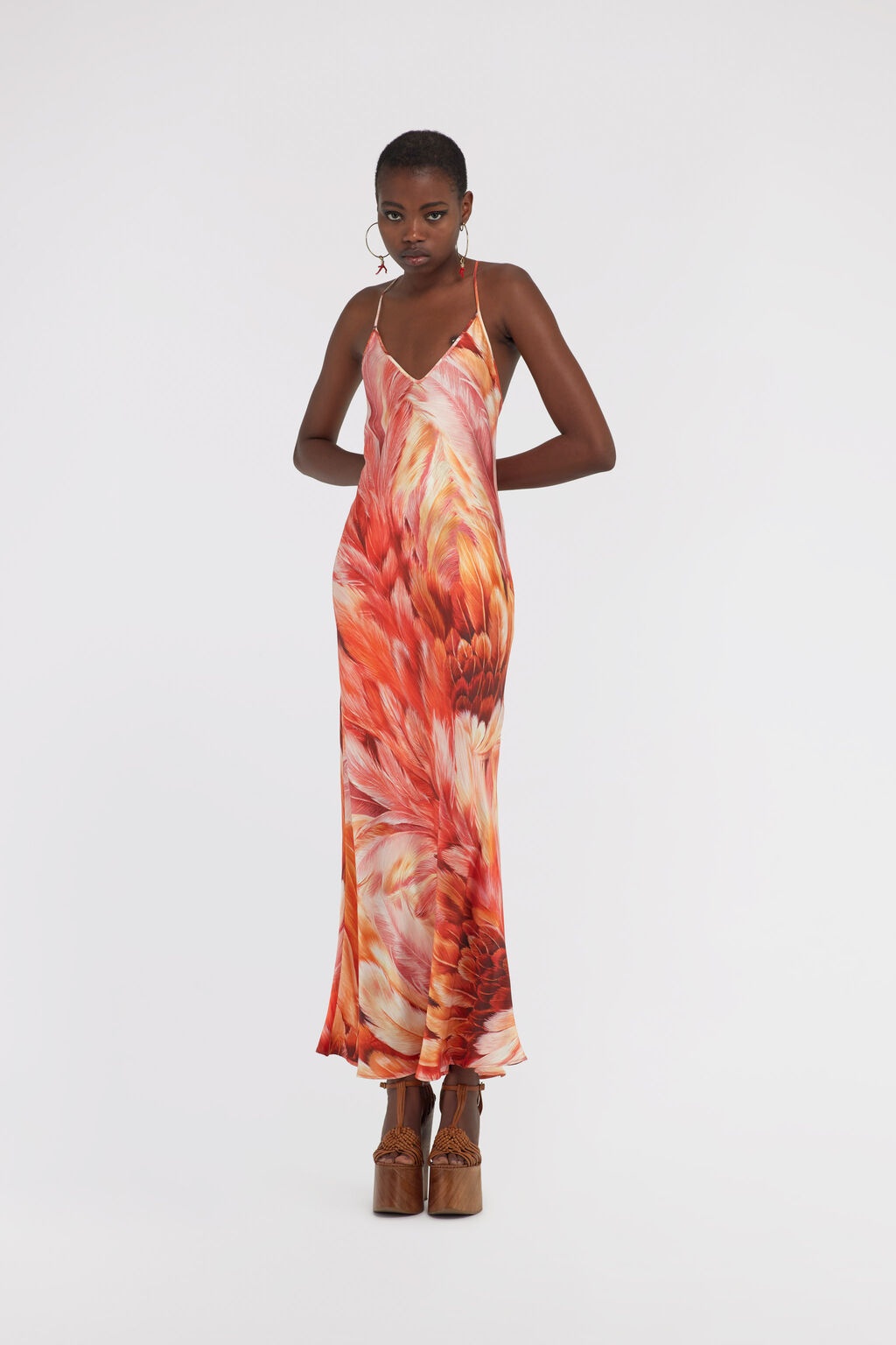 ROBERTO CAVALLI PLUMAGE SILK MAXI DRESS