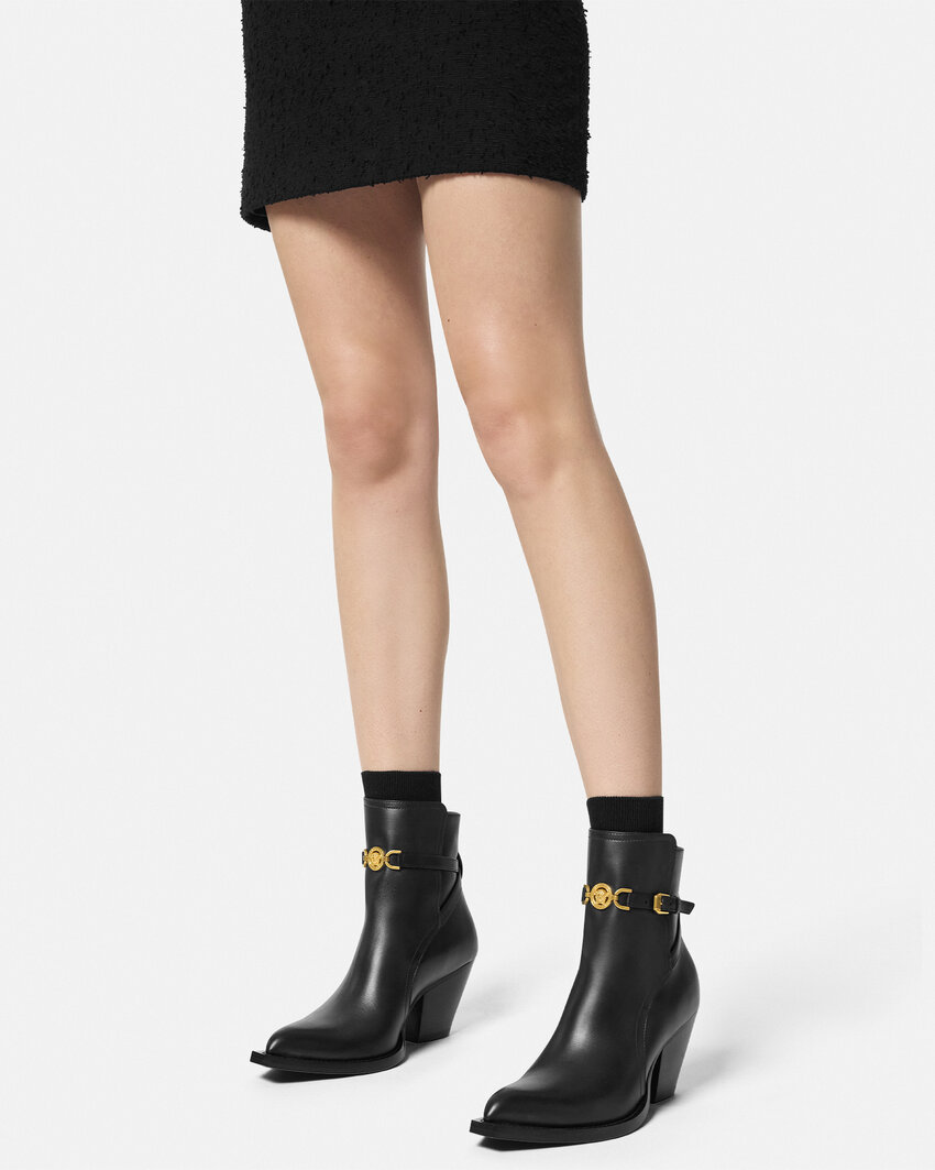 Shop Versace Thick Heel Ankle Boots In Black