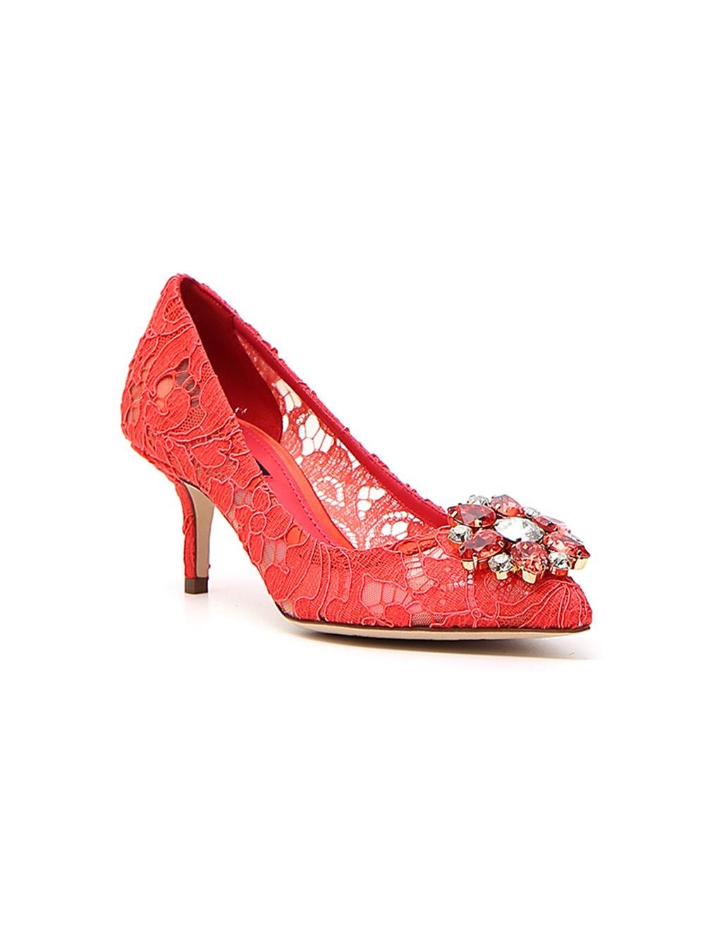 Dolce & Gabbana Bellucci 60 Brooch Embellished Lace Pumps In Red