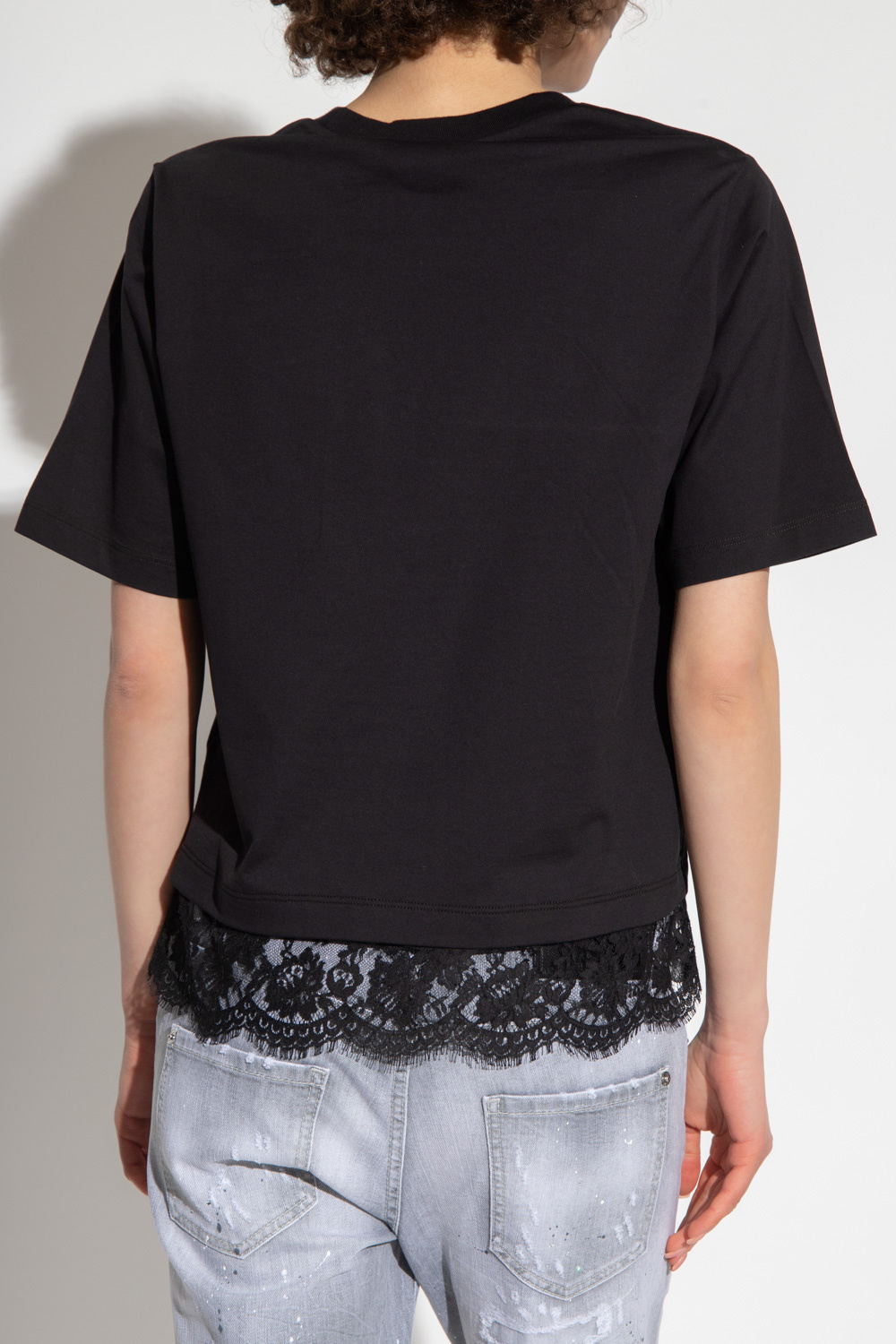 Dsquared2 Printed Cotton T-shirt With Lace In Black