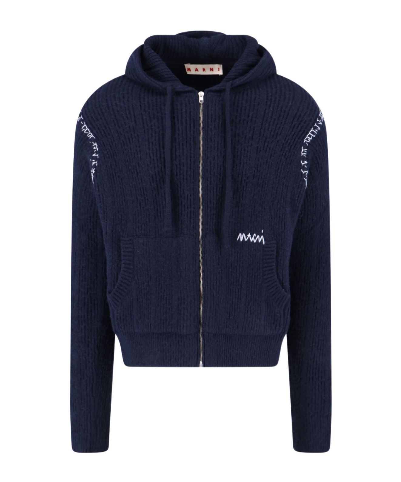 Marni Hooded Sweatshirt With Embroidered Detail And Ribbed Texture In Black