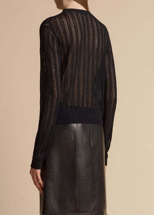 Khaite Colleen Crewneck Long-sleeve Pointelle Knit Top In Black