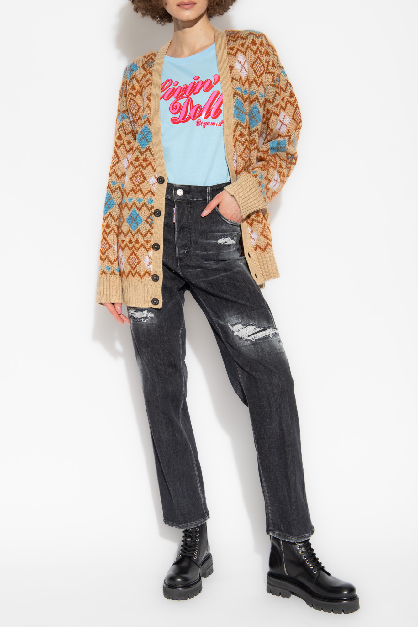 Shop Dsquared2 Geometric-print Wool Cardigan In Nude